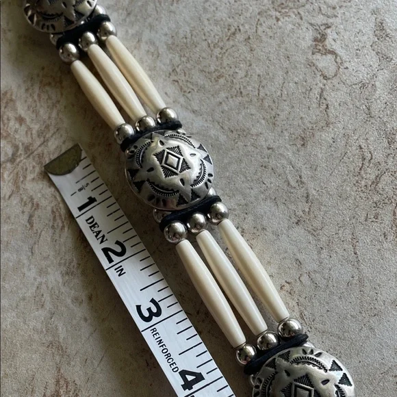 Concho Real leather Western Style Black Cream Belt Silver faux bone festival - Picture 7 of 16